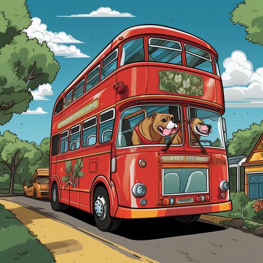 wide shot of a red double decker bus with a staffordshire bull terrier as the bus driver driving to the zoo, colourful cartoon style drawing