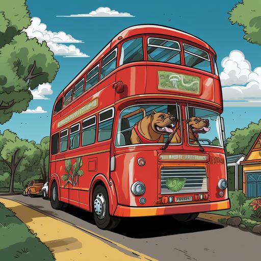 wide shot of a red double decker bus with a staffordshire bull terrier as the bus driver driving to the zoo, colourful cartoon style drawing