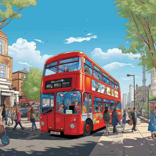 wide shot of a red double decker number 72 bus people boarding the bus, colourful cartoon style drawing