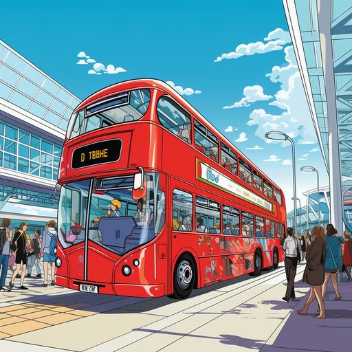 wide shot of a red double decker number 72 bus people boarding the bus, colourful cartoon style drawing