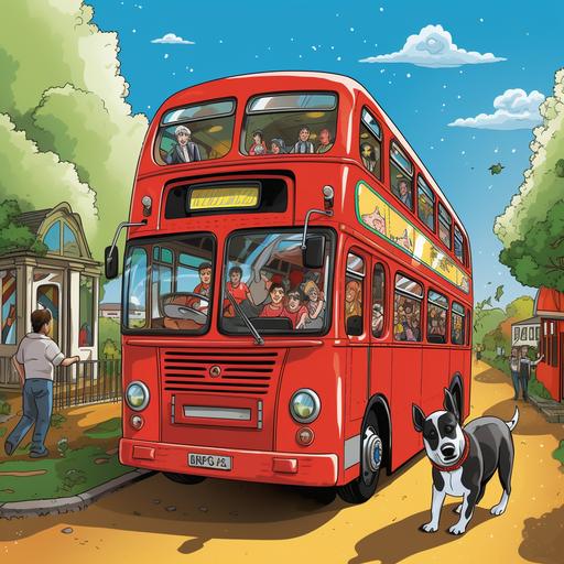 wide shot of a red double decker number 72 bus with one staffordshire bull terrier as the bus driver driving to the zoo, human family passengers boarding the bus, colourful cartoon style drawing