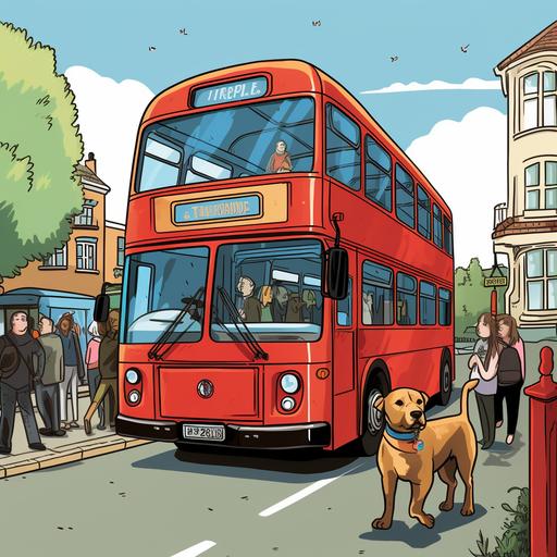 wide shot of a red double decker number 72 bus with one staffordshire bull terrier driving the bus to the zoo, human family passengers boarding the bus, colourful cartoon style drawing, simple detail