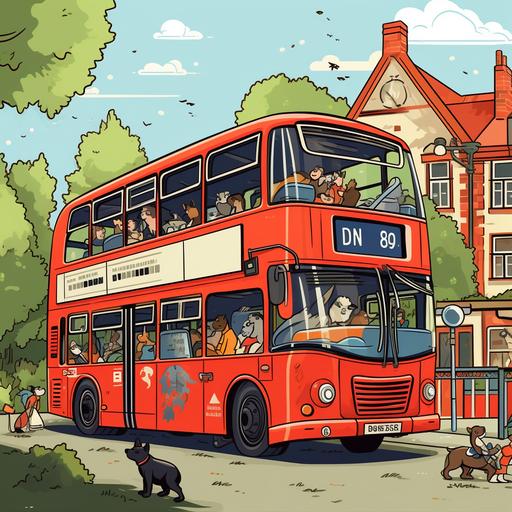wide shot of a red double decker number 72 bus with one staffordshire bull terrier driving the bus to the zoo, human family passengers boarding the bus, colourful cartoon style drawing, simple detail