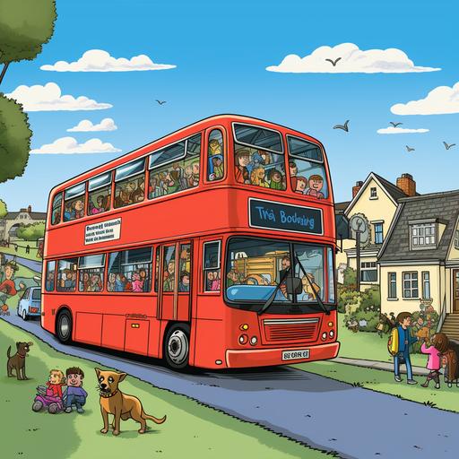 wide shot of a red double decker number 72 bus with one staffordshire bull terrier as the bus driver driving to the zoo, human family passengers boarding the bus, colourful cartoon style drawing