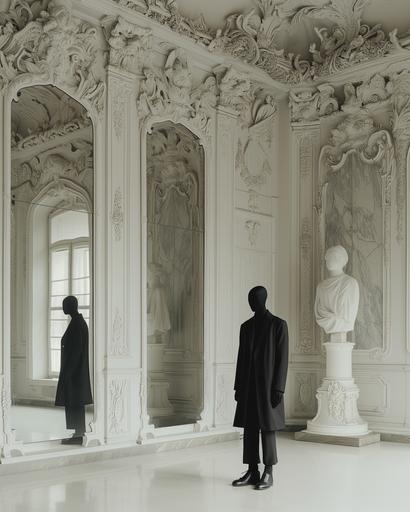 wide shot of an art gallery showcasing two rooms hot vs cold with baroque architectural mirrors in Sweden, by elsa bleda, minimal male in dior suit --ar 4:5 --stylize 150 --v 6.0