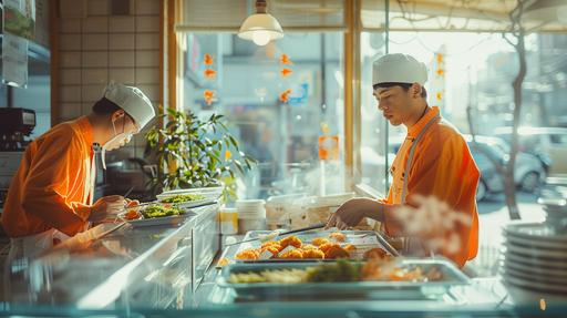 wide shot of irish men in mickey mouse cap tending to their pilaf bento in a Muji cafe, by Alex Strohl, minimal dramatic male figures in vibrant Dior color suit, natural bright sunlight --ar 16:9 --stylize 150 --v 6.0