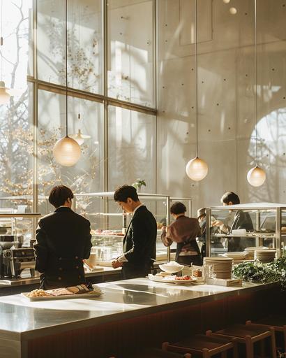 wide shot of irish men tending to their pilaf bento in a Muji cafe, by Alex Strohl, minimal dramatic male figures in vibrant Dior color suit, natural bright sunlight --ar 4:5 --stylize 150 --v 6.0