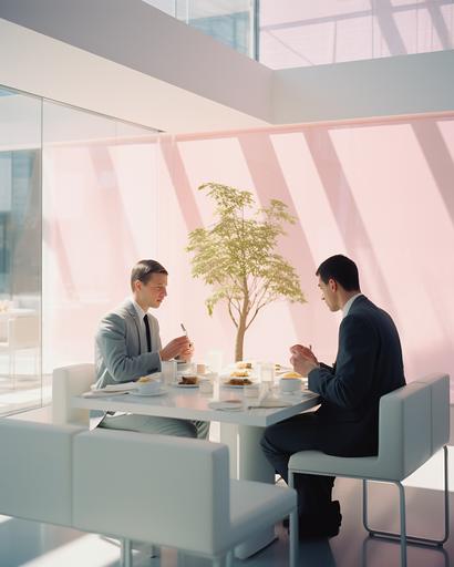 wide shot of irish men tending to their pilaf bento in a Muji cafe, by Alex Strohl, minimal dramatic male figures in vibrant Dior color suit, natural bright sunlight --ar 4:5 --stylize 150 --v 5.2