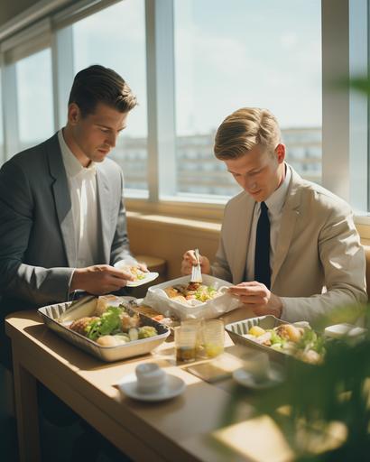 wide shot of irish men tending to their pilaf bento in a Muji cafe, by Alex Strohl, minimal dramatic male figures in vibrant Dior color suit, natural bright sunlight --ar 4:5 --stylize 150 --v 5.2