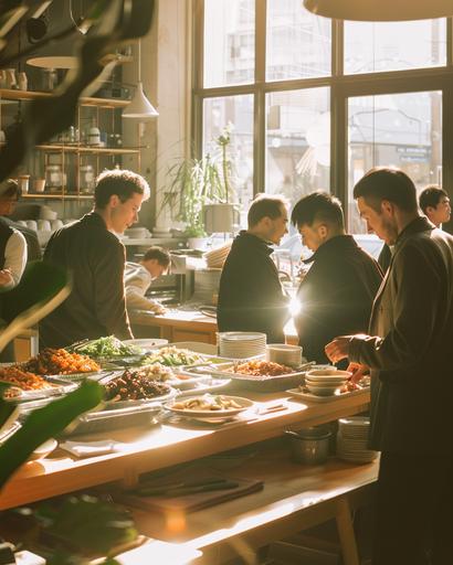 wide shot of irish men tending to their pilaf bento in a Muji cafe, by Alex Strohl, minimal dramatic male figures in vibrant Dior color suit, natural bright sunlight --ar 4:5 --stylize 150 --v 6.0