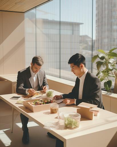 wide shot of irish men tending to their pilaf bento in a Muji cafe, by Alex Strohl, minimal dramatic male figures in vibrant Dior color suit, natural bright sunlight --ar 4:5 --stylize 150 --v 5.2