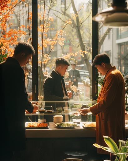 wide shot of irish men tending to their pilaf bento in a Muji cafe, by Alex Strohl, minimal dramatic male figures in vibrant Dior color suit, natural bright sunlight --ar 4:5 --stylize 150 --v 6.0