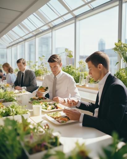 wide shot of irish men tending to their pilaf bento in a Muji cafe, by Alex Strohl, minimal dramatic male figures in vibrant Dior color suit, natural bright sunlight --ar 4:5 --stylize 150 --v 5.2