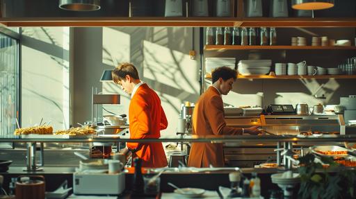 wide shot of irish men tending to their pilaf bento in a Muji cafe, by Alex Strohl, minimal dramatic male figures in vibrant Dior color suit, natural bright sunlight --ar 16:9 --stylize 150 --v 6.0