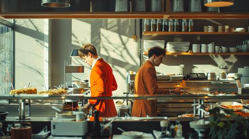 wide shot of irish men tending to their pilaf bento in a Muji cafe, by Alex Strohl, minimal dramatic male figures in vibrant Dior color suit, natural bright sunlight --ar 16:9 --stylize 150 --v 6.0