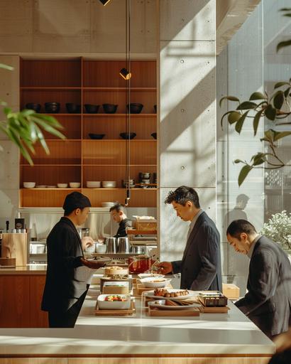 wide shot of irish men tending to their pilaf bento in a Muji cafe, by Alex Strohl, minimal dramatic male figures in vibrant Dior color suit, natural bright sunlight --ar 4:5 --stylize 150 --v 6.0