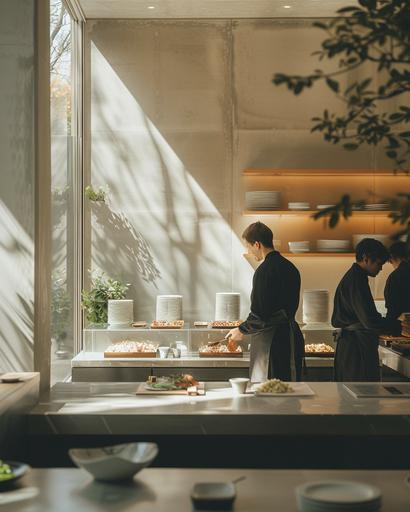 wide shot of irish men tending to their pilaf bento in a Muji cafe, by Alex Strohl, minimal dramatic male figures in vibrant Dior color suit, natural bright sunlight --ar 4:5 --stylize 150 --v 6.0