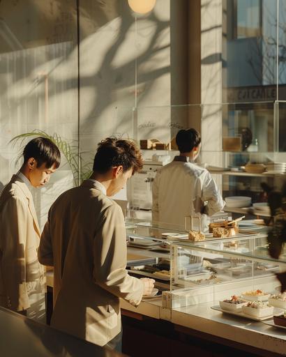 wide shot of irish men tending to their pilaf bento in a Muji cafe, by Alex Strohl, minimal dramatic male figures in vibrant Dior color suit, natural bright sunlight --ar 4:5 --stylize 150 --v 6.0