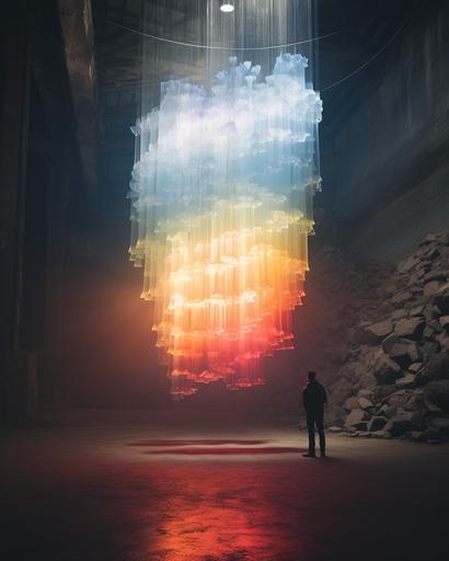wide shot of ranbow ombre huge bifrosted chandelier inside a bifrost liminal space in iceland by Alex Strohl, minimal figures --ar 4:5 --stylize 150 --v 5.2