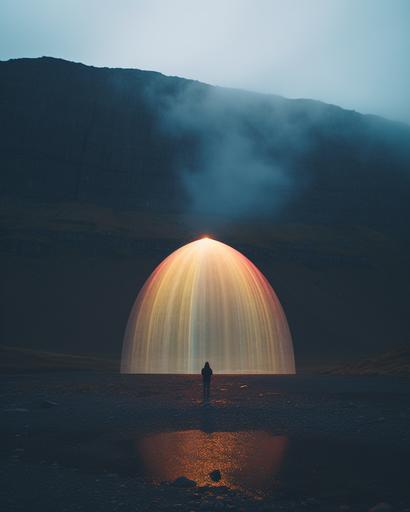wide shot of ranbow ombre huge bifrosted spacecraft inside a bifrost liminal space in iceland by Alex Strohl, minimal figures --ar 4:5 --stylize 150 --v 5.2