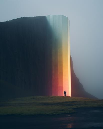 wide shot of ranbow ombre huge bifrosted spacecraft inside a bifrost liminal space in iceland by Alex Strohl, minimal figures --ar 4:5 --stylize 150 --v 5.2