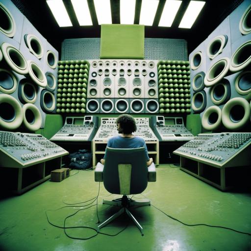 wide shot, perspective behind person sitting in chair, A commercial photo of a large futuristic funky recording studiofunky, with a wall of speakers, speakers hanging from the ceiling, floor design like speakers, guitars, keyboards, bass, microphones, vocal booth, lots of green plants, reel to reel machines, stereo and recording equipment, metallic, chrome, big sound board with lots of lights, blue, silver, fashion model with long floor length blonde hair with their back to us she is sitting in funky red velvet chairs with her back to us, lots of detail, Avant Garde Metalic round design, Dynamic View, by Robert Mapplethorpe, 4k, 8k, photography, __ ar 4:3