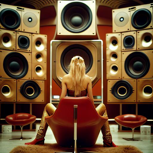 wide shot, perspective behind person sitting in chair, A commercial photo of a large futuristic funky stereo in a funky house, with a wall of speakers, speakers hanging from the ceiling, speakers make up the floor, metallic, red, bronze, fashion model with long floor length blonde hair with their back to us she is sitting with with long gold sitting in a funky velvet chairs with her back to us, lots of detail, Avant Garde Metalic round design, Dynamic View, by Robert Mapplethorpe,