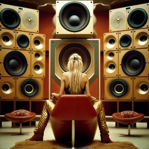 wide shot, perspective behind person sitting in chair, A commercial photo of a large futuristic funky stereo in a funky house, with a wall of speakers, speakers hanging from the ceiling, speakers make up the floor, metallic, red, bronze, fashion model with long floor length blonde hair with their back to us she is sitting with with long gold sitting in a funky velvet chairs with her back to us, lots of detail, Avant Garde Metalic round design, Dynamic View, by Robert Mapplethorpe,