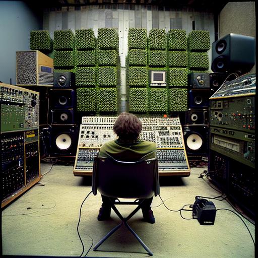 wide shot, perspective behind person sitting in chair, A commercial photo of a large futuristic funky recording studiofunky, with a wall of speakers, speakers hanging from the ceiling, floor design like speakers, guitars, keyboards, bass, microphones, vocal booth, lots of green plants, reel to reel machines, stereo and recording equipment, metallic, chrome, big sound board with lots of lights, blue, silver, fashion model with long floor length blonde hair with their back to us she is sitting in funky red velvet chairs with her back to us, lots of detail, Avant Garde Metalic round design, Dynamic View, by Robert Mapplethorpe, 4k, 8k, photography, __ ar 4:3