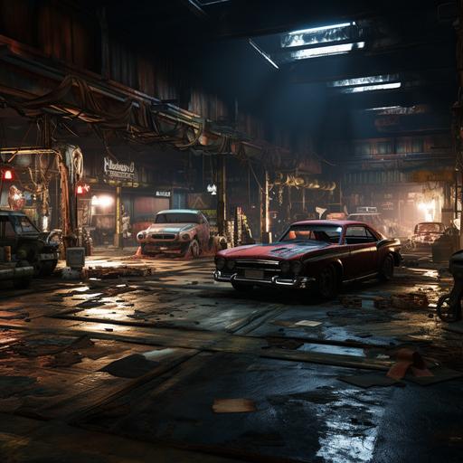 [wide shot underground car junkyard] Unreal engine dynamic lighting inspired by video games like let it die quake and cruelty squad