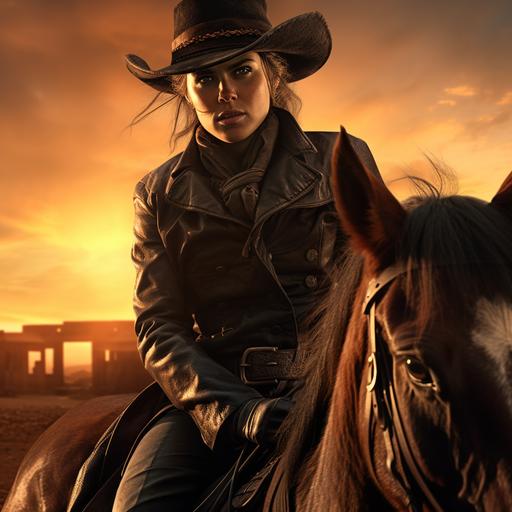 wild West background, sunset, cinematic, Cowboy, Outlaw, Female, masculine, riding a horse, wearing black, leather jacket, pants, cowboy boots, cowboy hat, short messy brown hair, brown eyes, freckle's on face, wild West background, sunsetting in the background, Realistic, hyper realistic, dynamic pose, full body portrait, horse, gunslinger.