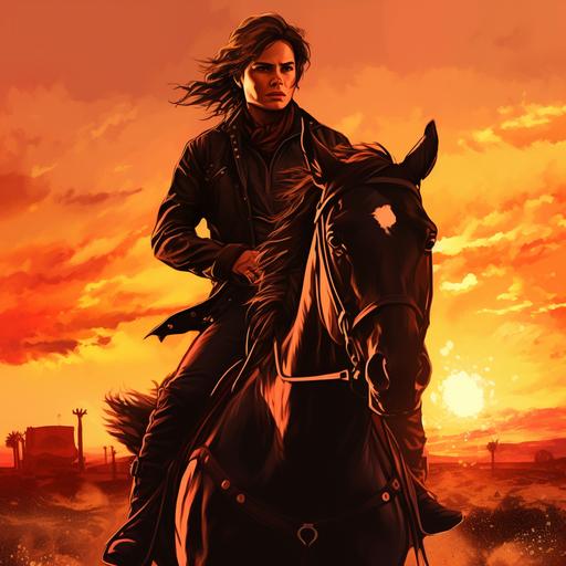 wild West background, sunset, cinematic, Cowboy, Outlaw, Female, masculine, riding a horse, wearing black, leather jacket, pants, cowboy boots, cowboy hat, short messy brown hair, brown eyes, freckle's on face, wild West background, sunsetting in the background, Realistic, hyper realistic, dynamic pose, full body portrait, horse, gunslinger.