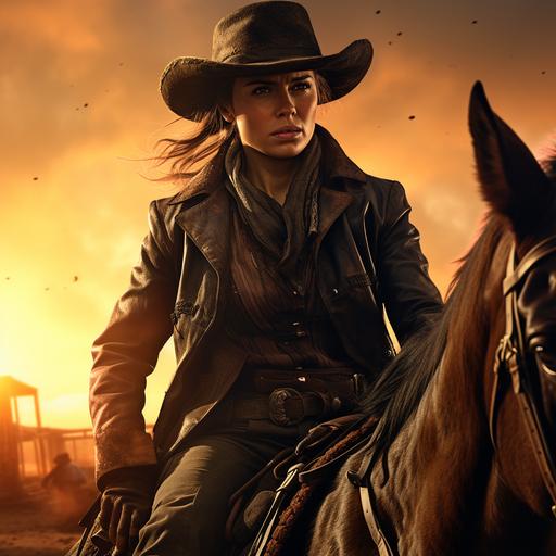 wild West background, sunset, cinematic, Cowboy, Outlaw, Female, masculine, riding a horse, wearing black, leather jacket, pants, cowboy boots, cowboy hat, short messy brown hair, brown eyes, freckle's on face, wild West background, sunsetting in the background, Realistic, hyper realistic, dynamic pose, full body portrait, horse, gunslinger.