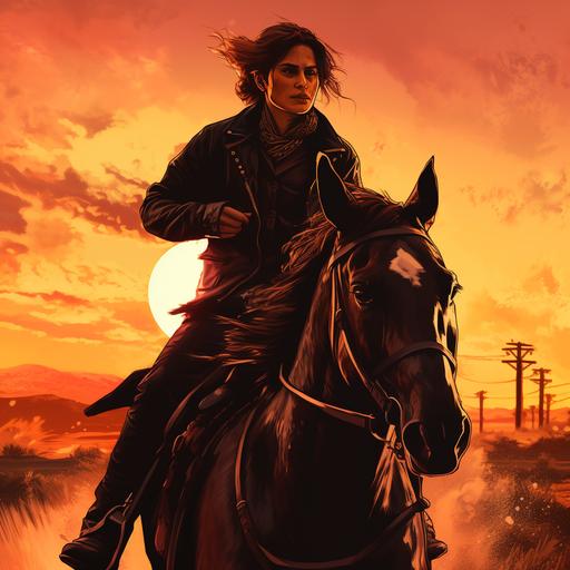 wild West background, sunset, cinematic, Cowboy, Outlaw, Female, masculine, riding a horse, wearing black, leather jacket, pants, cowboy boots, cowboy hat, short messy brown hair, brown eyes, freckle's on face, wild West background, sunsetting in the background, Realistic, hyper realistic, dynamic pose, full body portrait, horse, gunslinger.