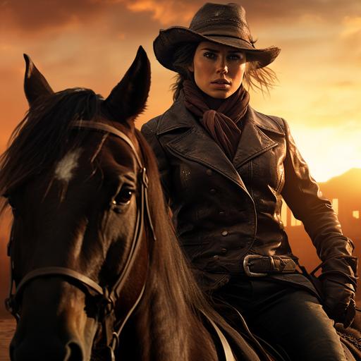 wild West background, sunset, cinematic, Cowboy, Outlaw, Female, masculine, riding a horse, wearing black, leather jacket, pants, cowboy boots, cowboy hat, short messy brown hair, brown eyes, freckle's on face, wild West background, sunsetting in the background, Realistic, hyper realistic, dynamic pose, full body portrait, horse, gunslinger.