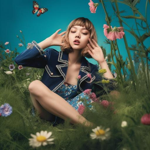 wild angle, fashion photography with these element, grass, outdoor, flowers, girl playing look happy, interating with an animated animal , playing with butterfly --v 5