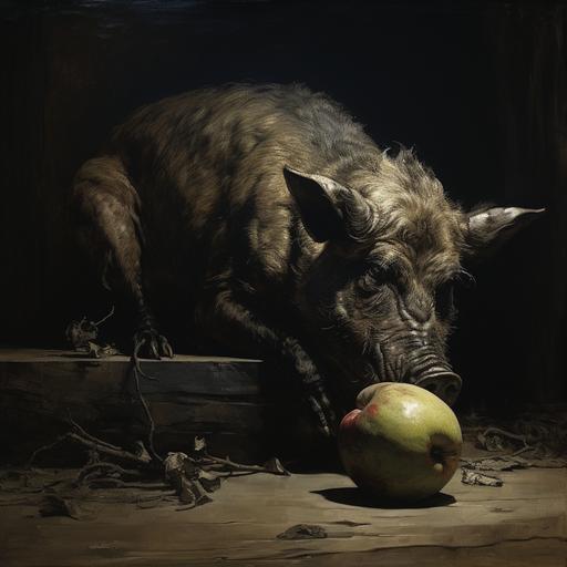 wild pig eating a black apple in a dark room, style of Yoshitaka Amano, andrew wyeth, highly detailed