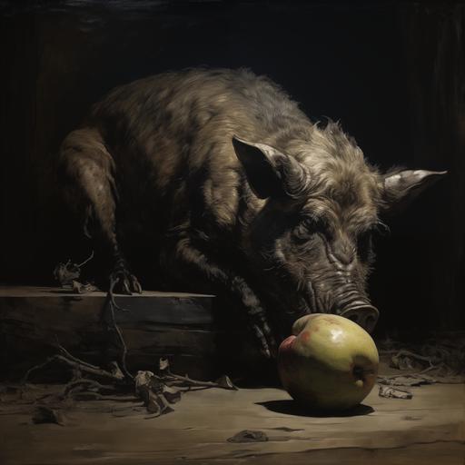 wild pig eating a black apple in a dark room, style of Yoshitaka Amano, andrew wyeth, highly detailed