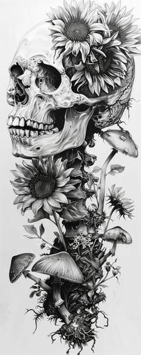 wild sunflowers and mushrooms growing out of a realistic human skull, black and gray, pencil sketch, ink drawing, fredao oliveira --ar 2:5