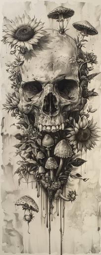 wild sunflowers and mushrooms growing out of a realistic human skull, black and gray, pencil sketch, ink drawing, fredao oliveira --ar 2:5