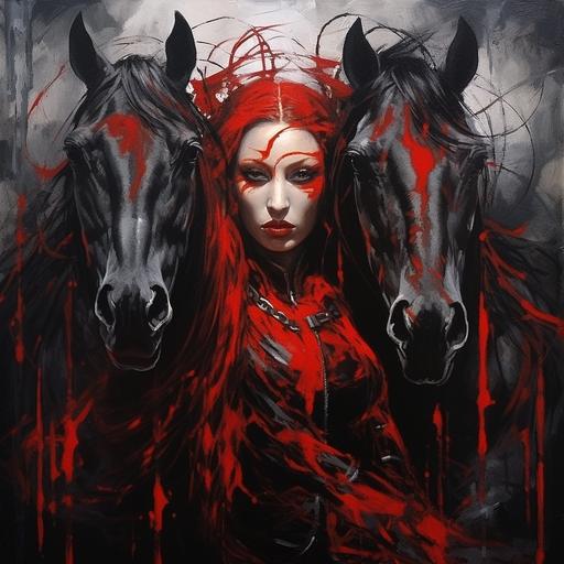 wild women and beautifull horses, power of feminine solidarity, red expression painting, darknes wood, horror style, maska, sth strange