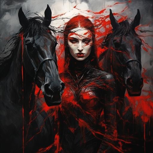 wild women and beautifull horses, power of feminine solidarity, red expression painting, darknes wood, horror style, maska, sth strange