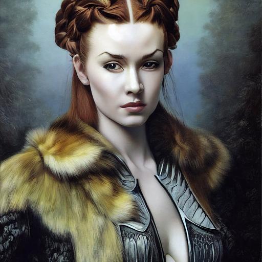 painting by Boris vallejo , portrait of Hana Jirickova with redhead and russian braids hairstyle, symetrical face, symetric blue eyes, sleek manga-suit armor, silver bra with intricate chips details, fur around neckline and shoulders, painting by frank frazetta, background is mystic forest with realistic vegetation, rembrandt lighting, cinematic scene, ultra realism, intricate detailed, ultra realistic, octane render, 8k, post processing, --testp --upbeta --upbeta
