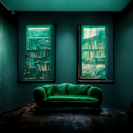 architectural office painted dirty Tiffany’s green, depressing lighting, dark green small sofa, bookshelf filled with oddities, dark wood floors, distant sunlight through the window, uneasy lonely depressing photorealistic 8k octane blue green dark hues