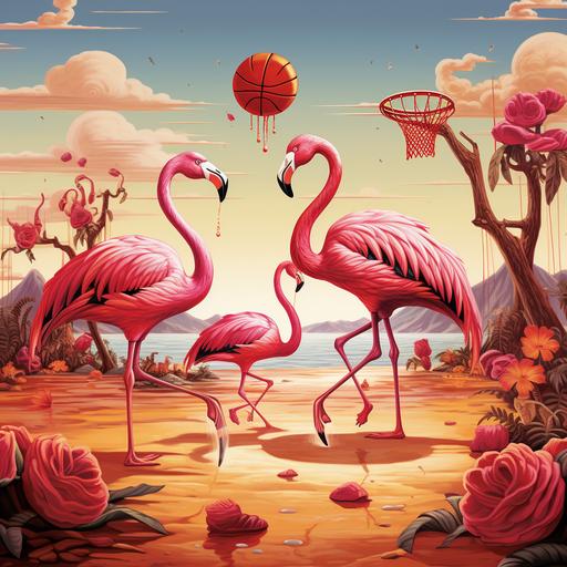 flamingos playing basketball on court cartoon