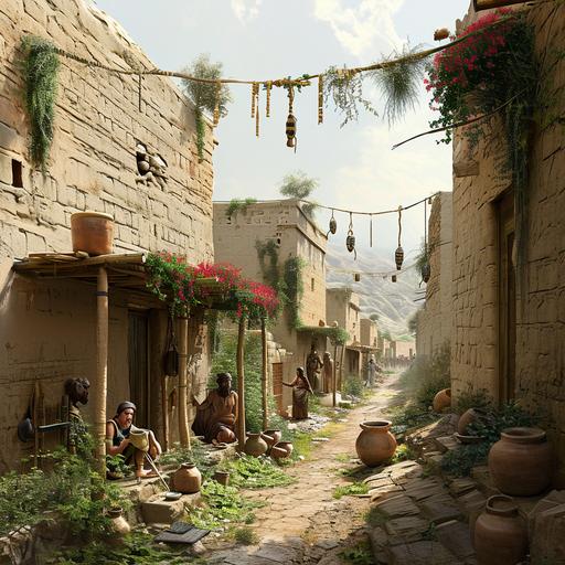 will-o'-the-wisp ancient sumerian village with people making pottery outside their hovels and flowery plants hanging from ropes above the streets --v 6.0 --style raw