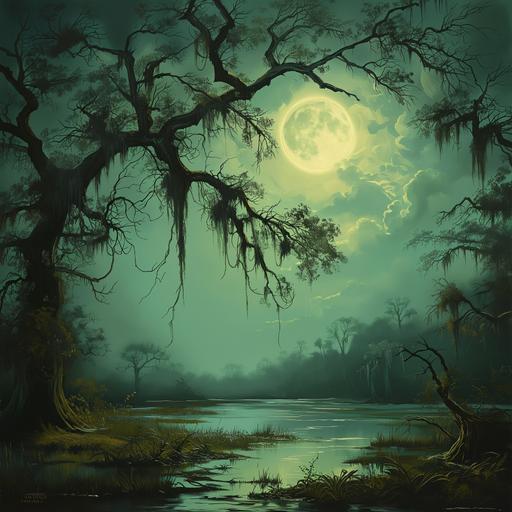 will-o'-the-wisp dark evil swamp at night, rolling dog, weeping trees, Spanish moss, pale green sky, giant fullmoon, --v 6.0