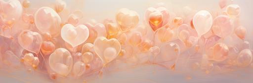 will-o'-the-wisp pink heart shaped bubbles with white hearts on the background, in the style of soft and airy compositions, light beige and orange, impressionistic treatment of light, striated resin veins, flowing fabrics, soft, atmospheric lighting, neo-plasticism,4K --ar 64:21