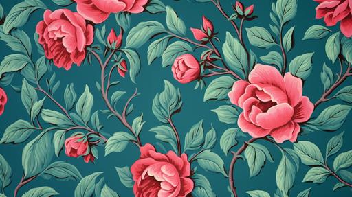william Morris style wallpaper cannabis roses teal pink--tile --ar 16:9
