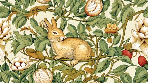 william Morris style wallpaper rabbits --tile --ar 16:9